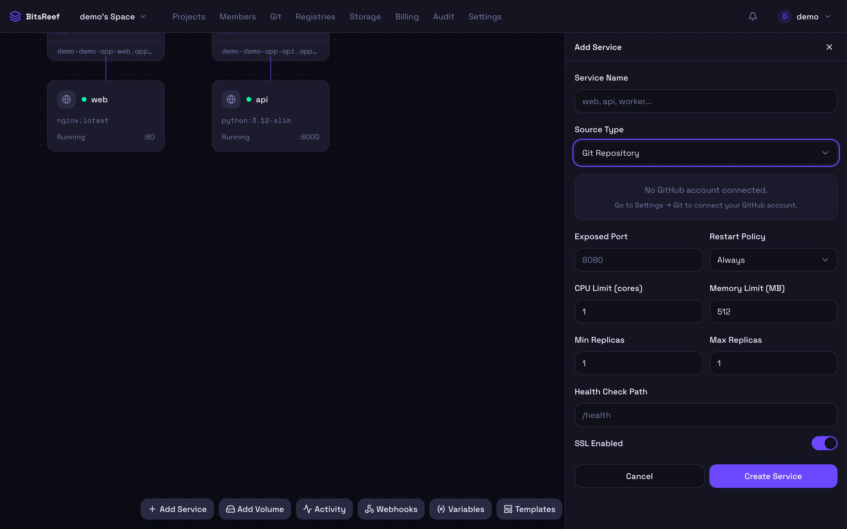 The Add Service panel with Git Repository selected