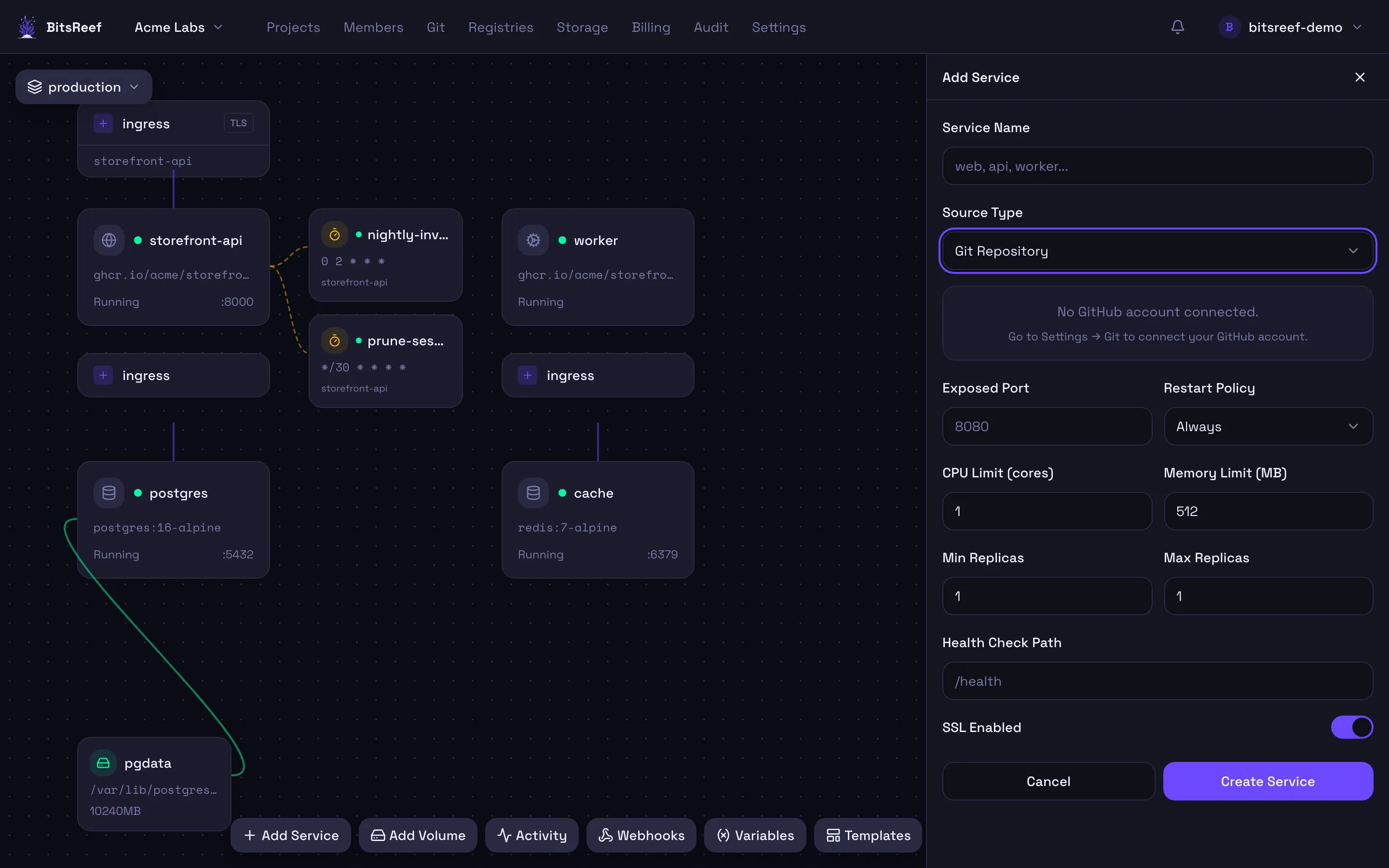 The Add Service panel with Git Repository selected
