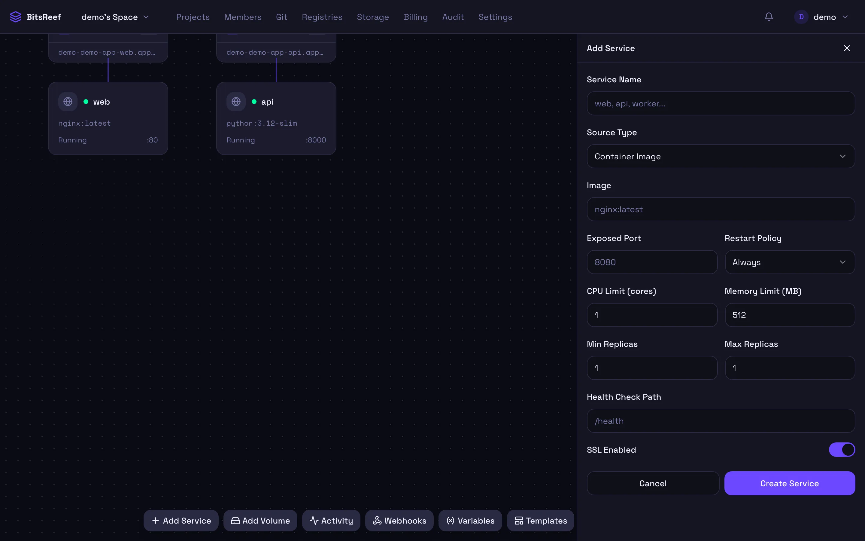 The Add Service panel with Source Type set to Container Image