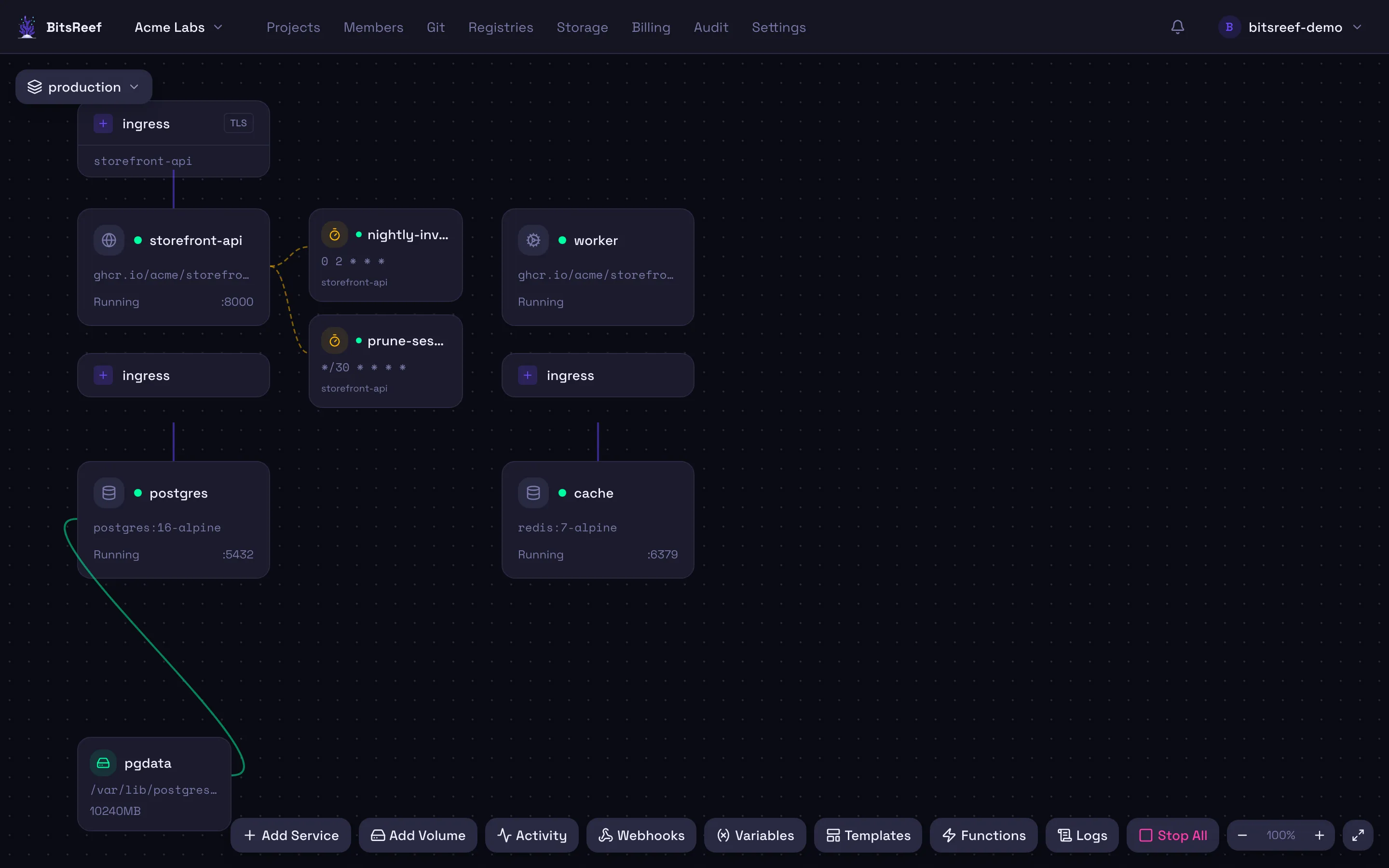A project canvas with two running services