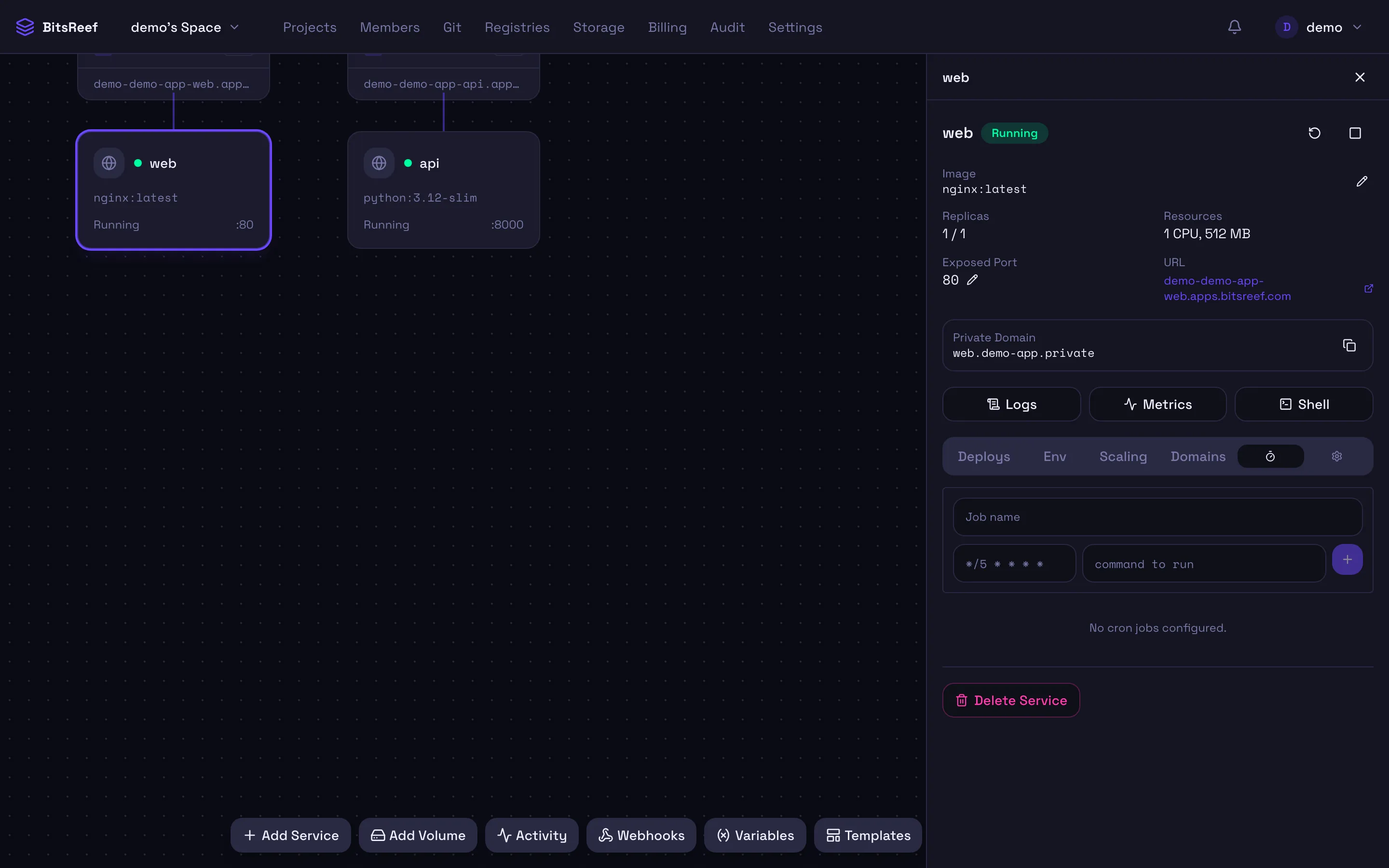 The cron tab of a service