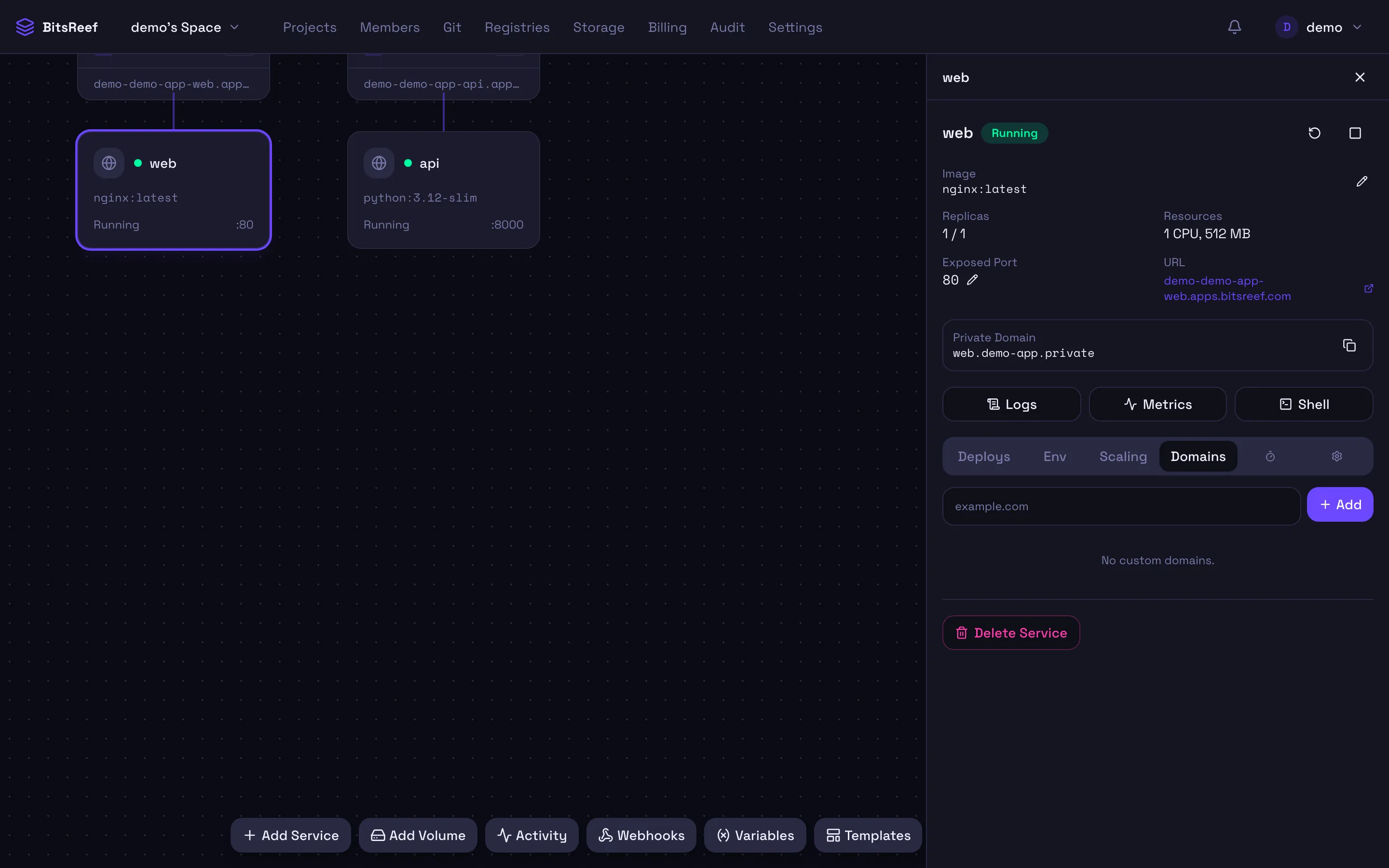 The Domains tab of a service
