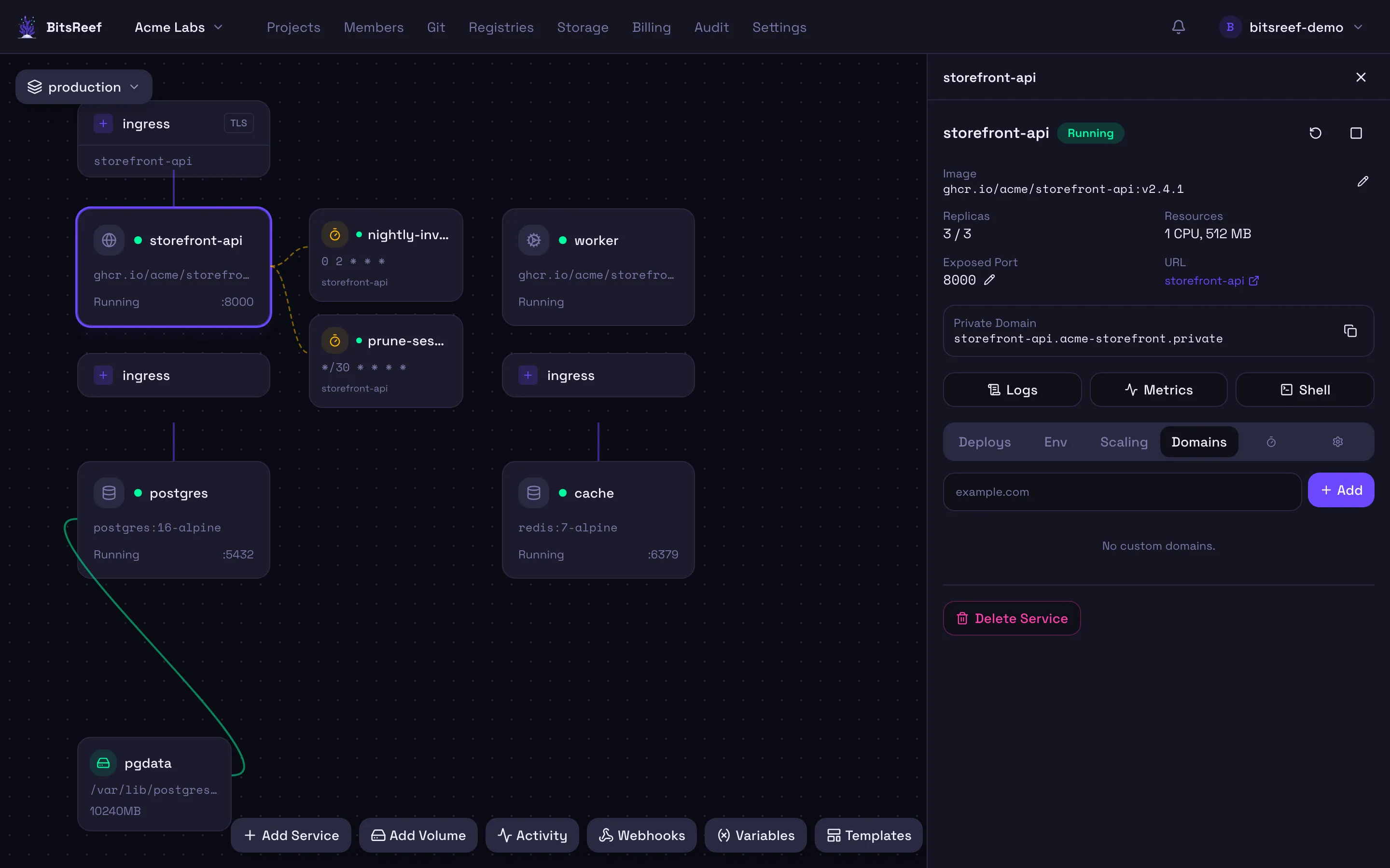 The Domains tab of a service