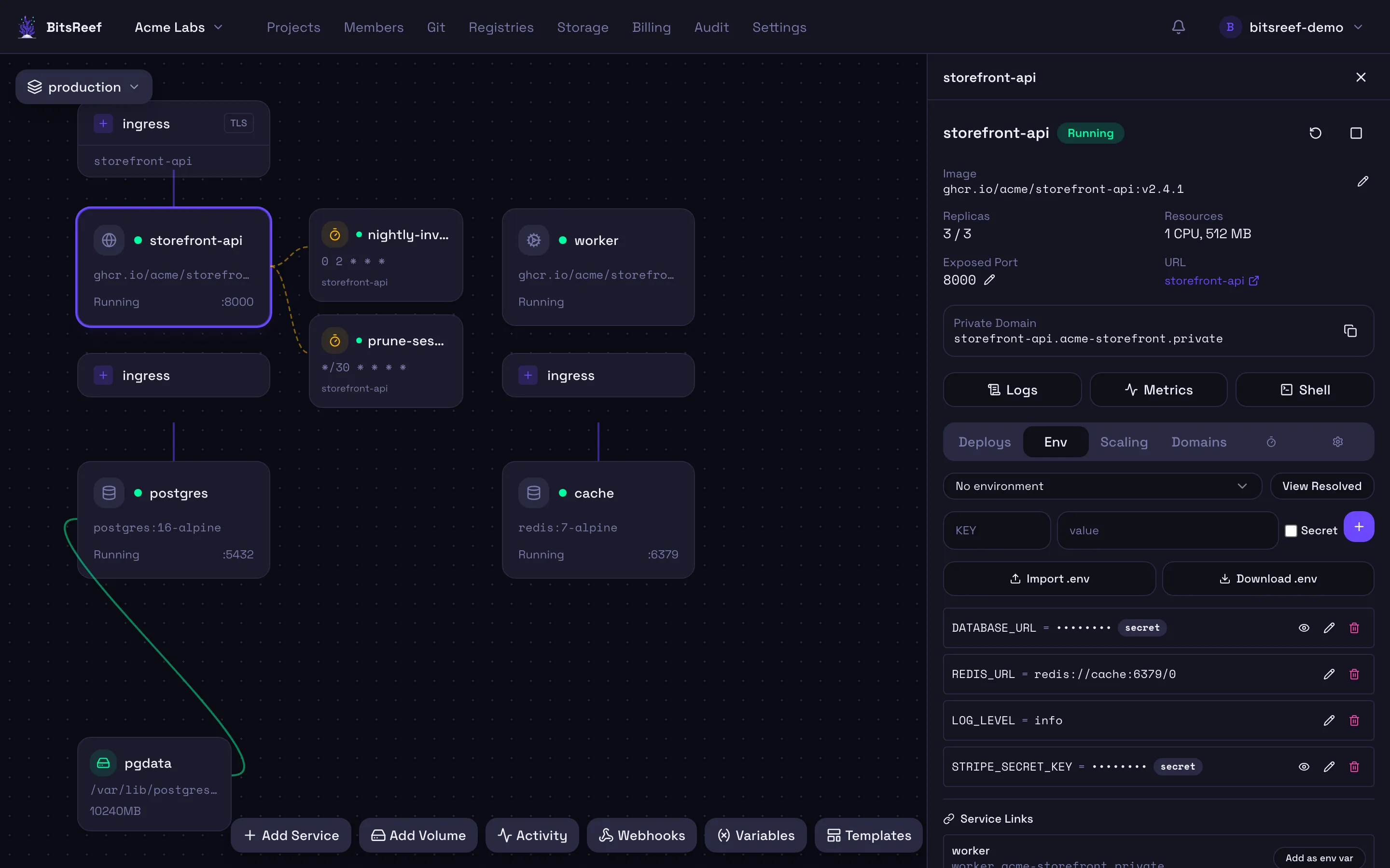 The Env tab of a service
