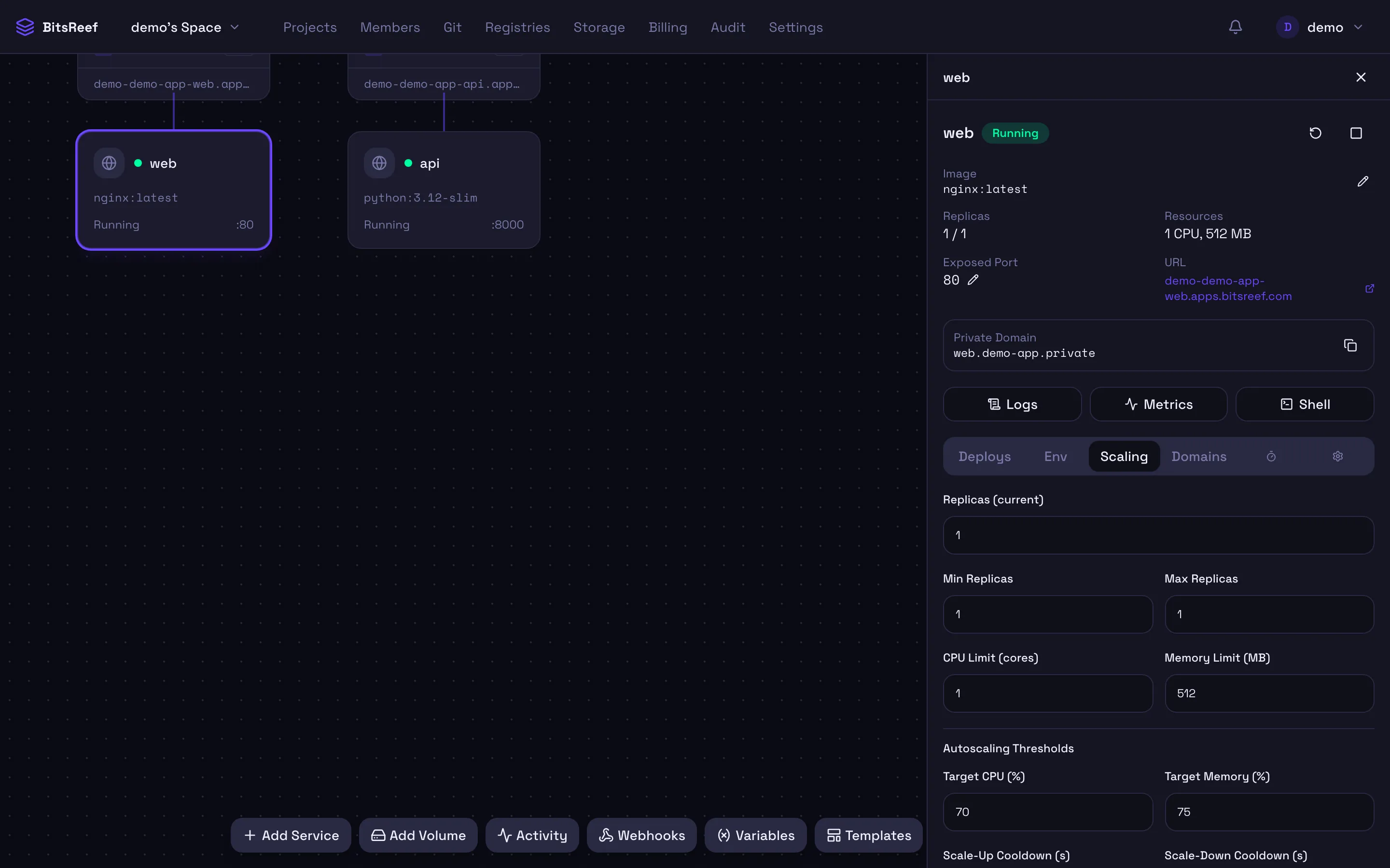 The Scaling tab with autoscaling thresholds