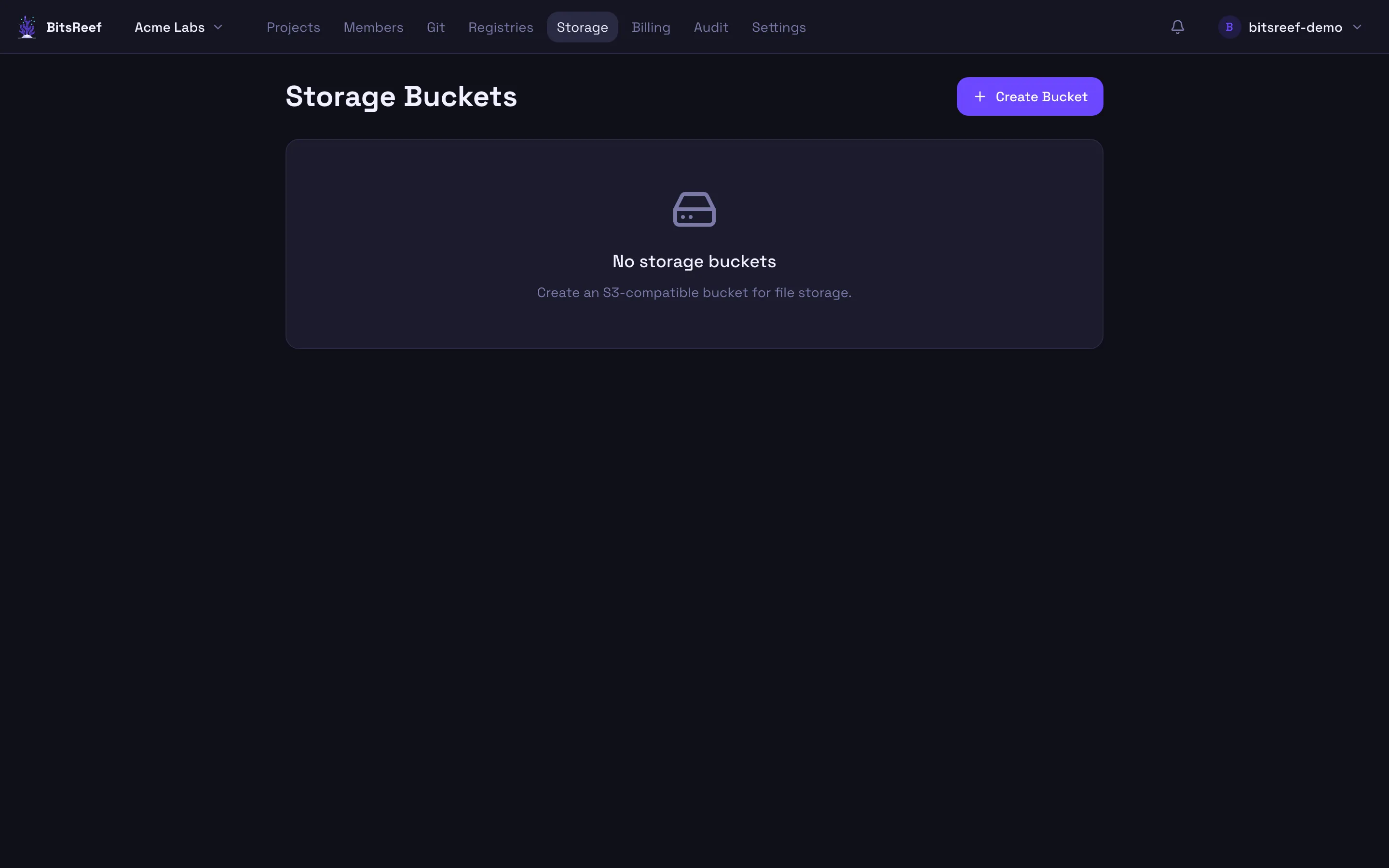 The Storage buckets page