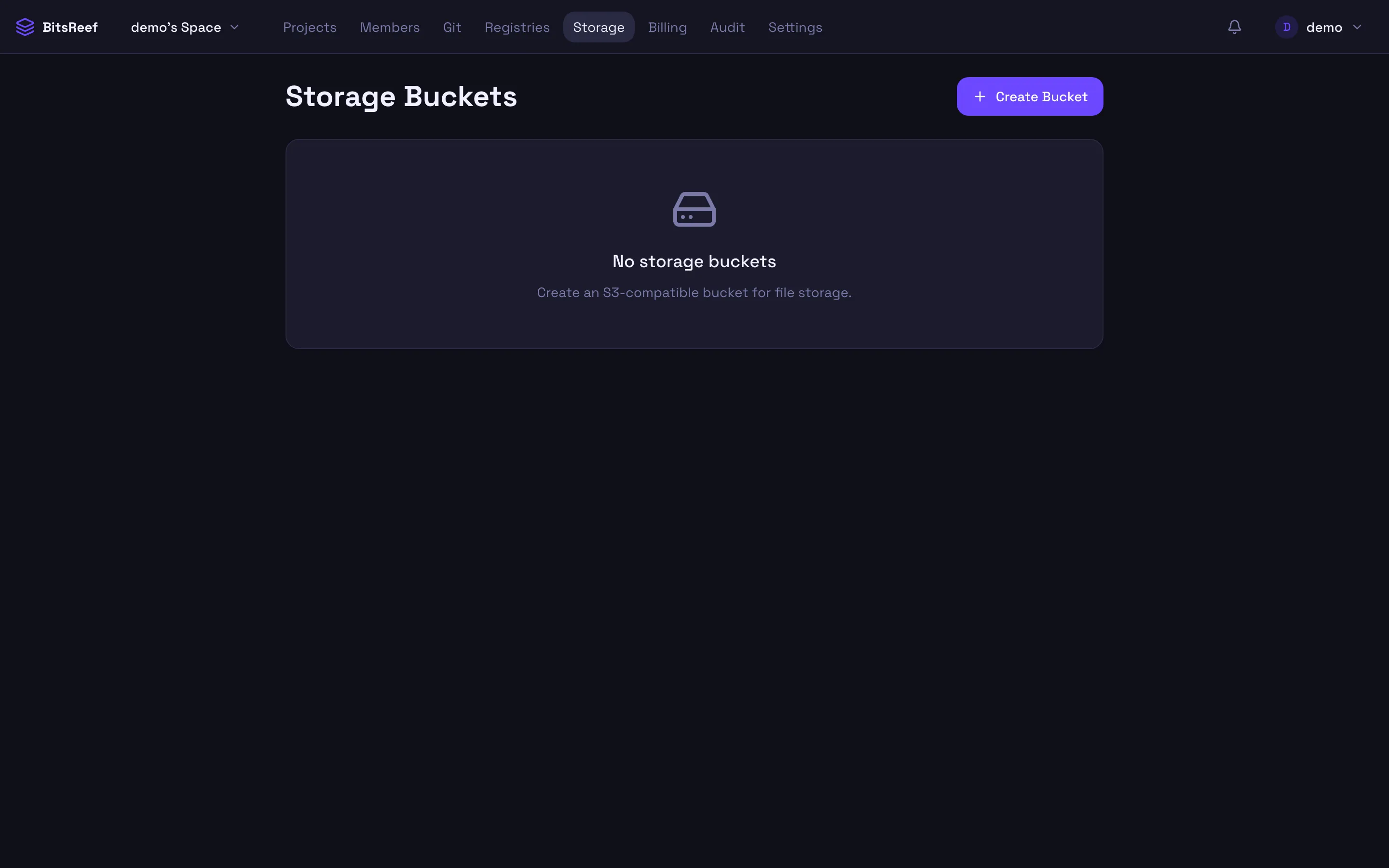 The Storage buckets page