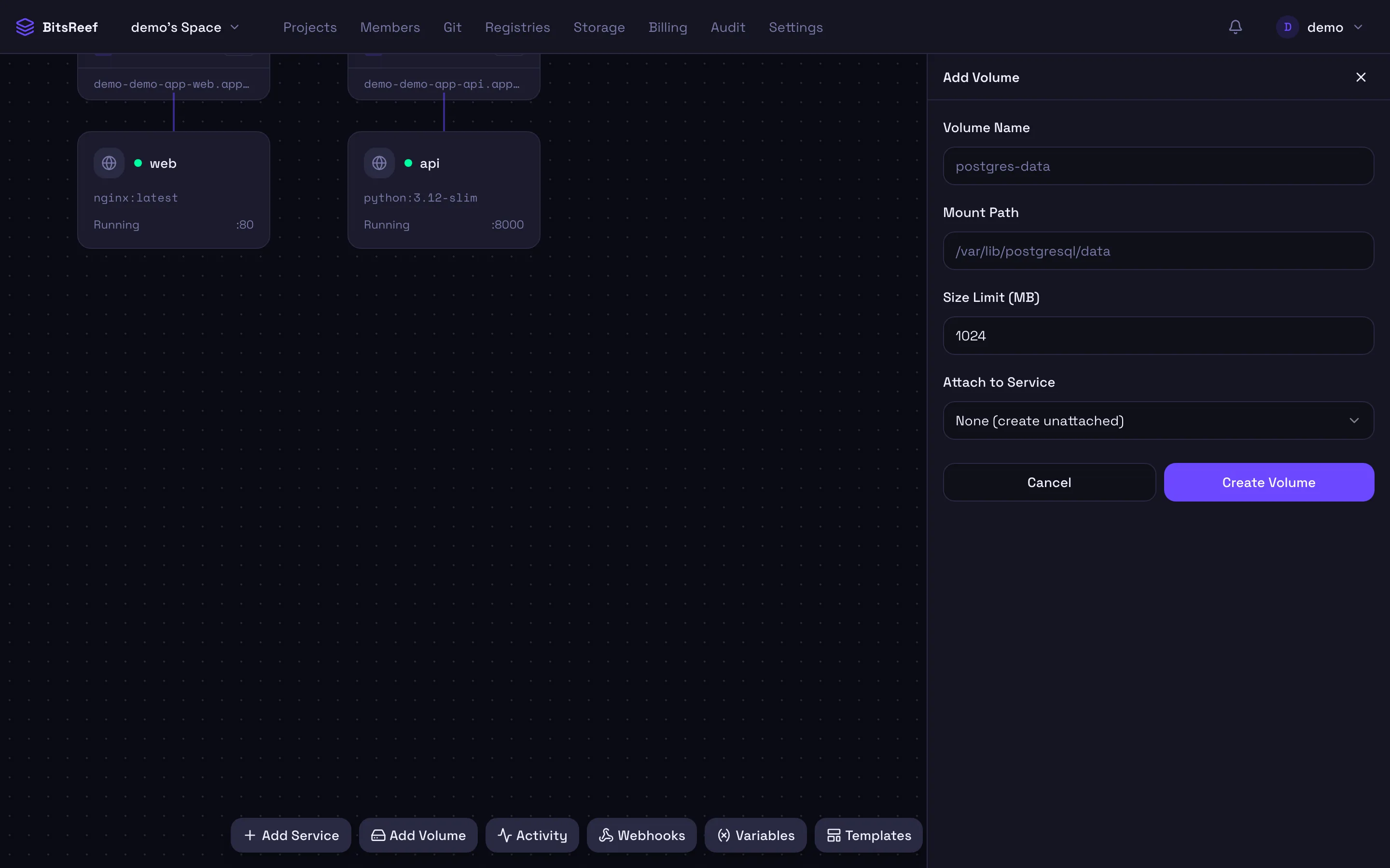 The Add Volume panel